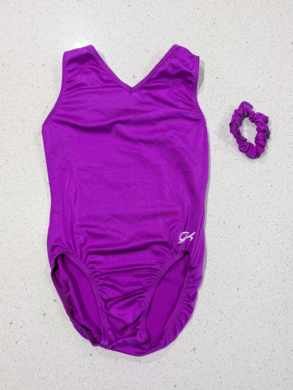 GREAT GK Elite Adult Small AS Gymnastics Dance Leotard Magenta Purple +SCRUNCHIE